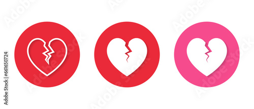 Broken heart, cracked love icon vector in red circle. Relationship conflict, divorce sign symbol