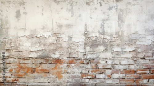 Old brick wall with white damaged plaster, paint texture background