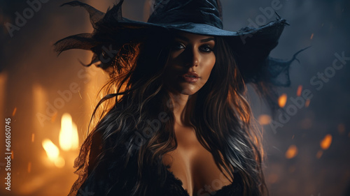 Portrait of young woman in black witch costume on Halloween night
