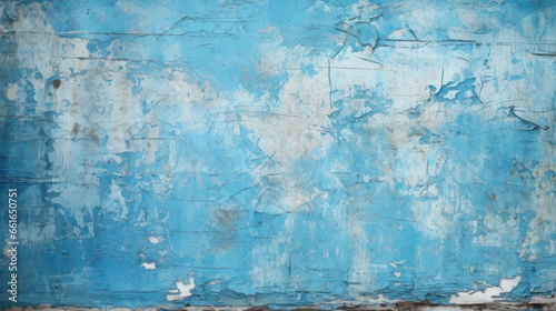 Cracked blue paint texture background, old wall with damaged plaster