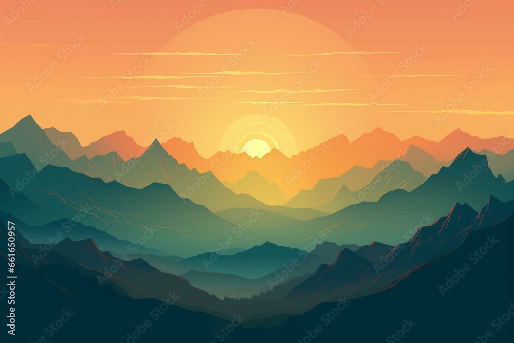 Background of mountains with a sun illustration. Generative AI