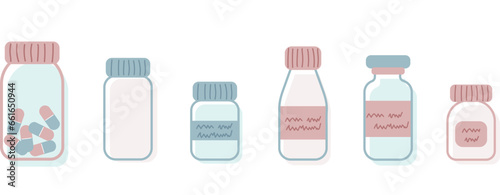 Vector set of 6 medicine bottles for tablets, capsules, vitamins, syrup or liquid. Isolated Illustrations