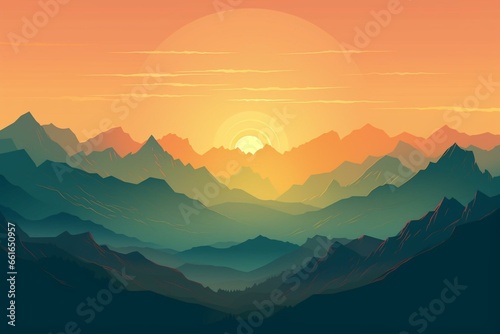 Background of mountains with a sun illustration. Generative AI