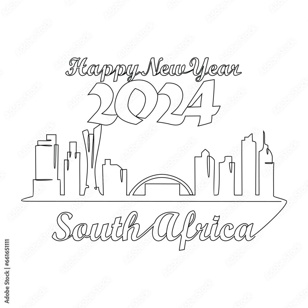 Obraz premium One continuous line drawing of Happy New Year in South Africa. New Year Design with South Africa skyline in simple linear style vector illustration. Suitable for greeting card, poster and banner.