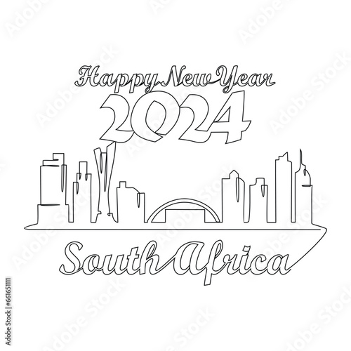 One continuous line drawing of Happy New Year in South Africa. New Year Design with South Africa skyline in simple linear style vector illustration. Suitable for greeting card  poster and banner.