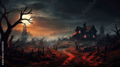 Old haunted house in spooky forest and moon on scary Halloween night