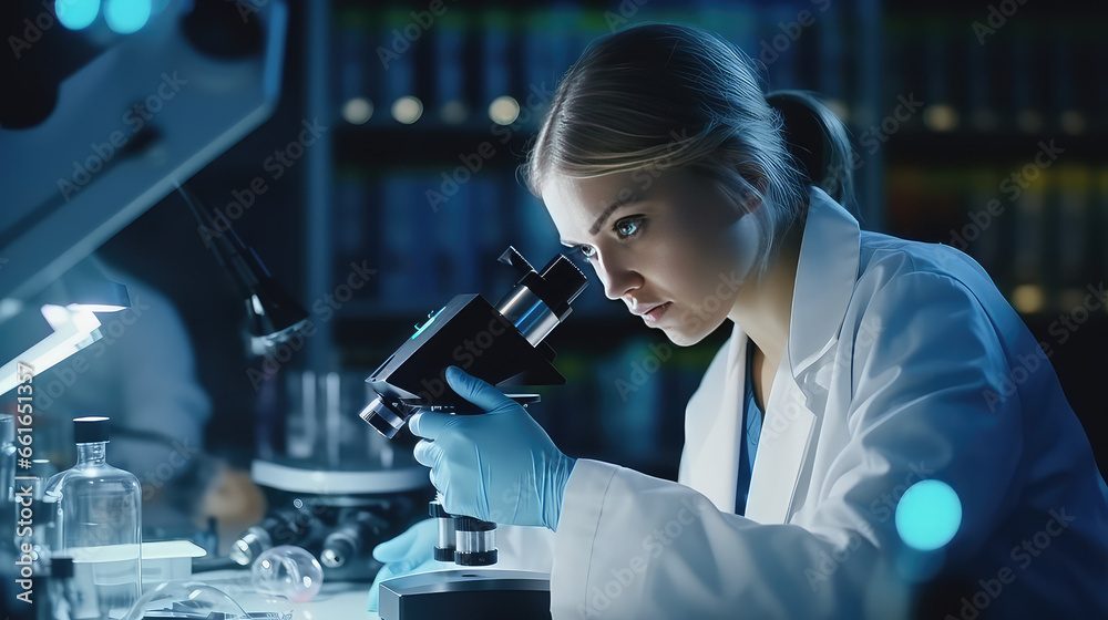 Female scientist in medical coat working in laboratory with microscope. Center for research and analysis of drugs and viruses. Female scientist in medical coat working in laboratory with microscope. Center for research and analysis of drugs and viruses.