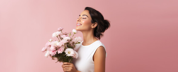 Portrait of a woman smelling flowers on flat pastel pink background with copy space for text, spring banner template. Bouquet gift, flower store. 