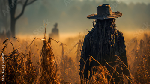 An illustration of a scarecrow bathing in the eerie light of a Halloween bonfire, casting long shadows on the tall grass of a field. Generative AI photo