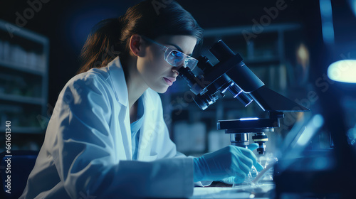 Female scientist in medical coat working in laboratory with microscope. Center for research and analysis of drugs and viruses.