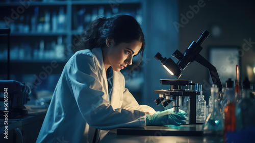Female scientist in medical coat working in laboratory with microscope. Center for research and analysis of drugs and viruses.