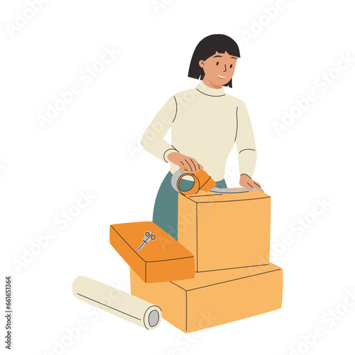 A woman packs parcels and seals cardboard boxes while also performing the duties of a storekeeper.