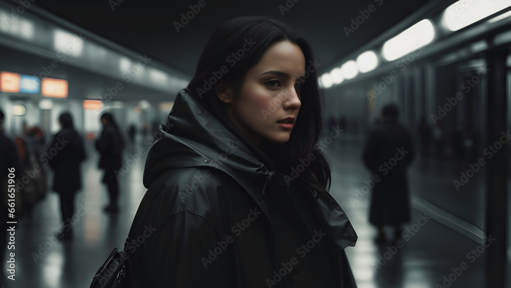 Brunette in a black raincoat at a metro station Brunette in a black raincoat at a metro station