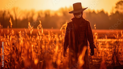 An illustration of a scarecrow bathing in the eerie light of a Halloween bonfire, casting long shadows on the tall grass of a field. Generative AI