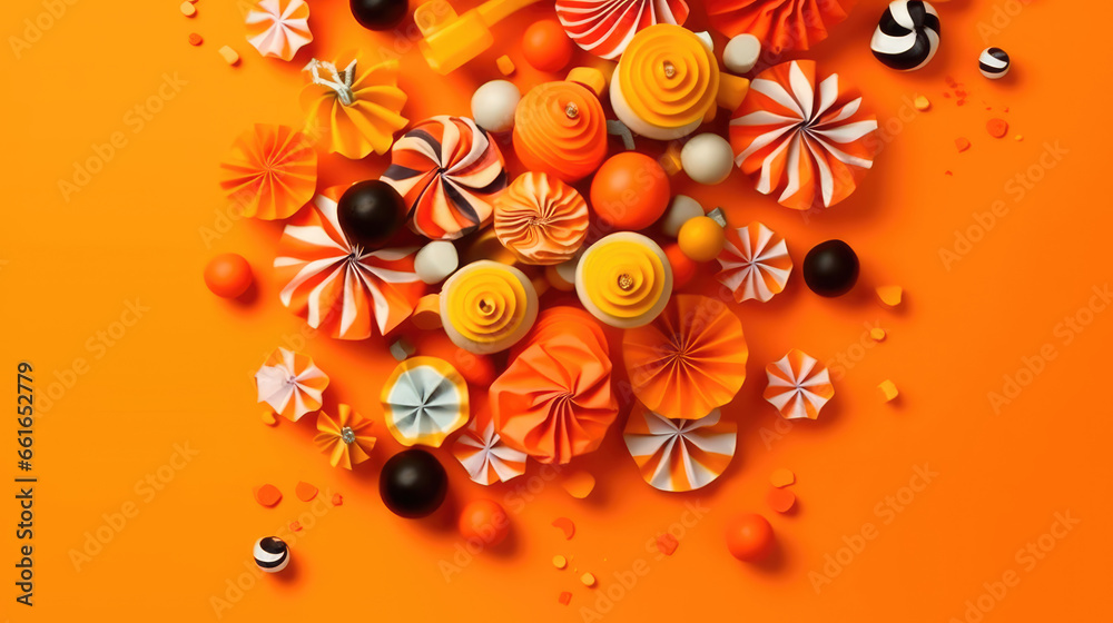 Fototapeta premium Halloween candies with paper decorations on orange background. Generative AI