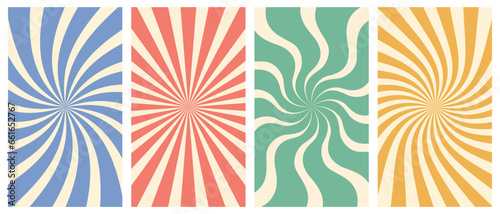 Vector set of vertical groovy poster in trendy 70s style. Twisted and distorted retro backgrounds. Vector illustration