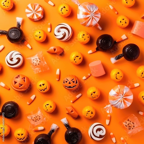 Halloween candies with paper decorations on orange background. Generative AI