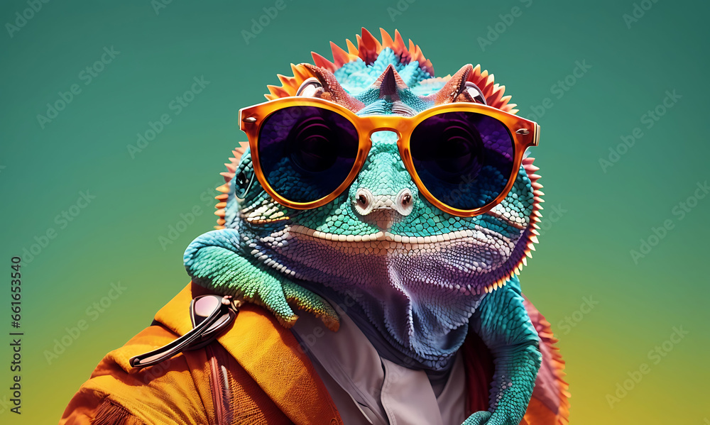 chameleon with sunglasses in a vector art style, abstract,  design against a solid color background with a panorama view.