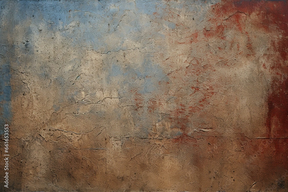 Textured background with corroded metal plate in shades of brown, red, and blue, revealing detailed scratches. Generative AI - obrazy, fototapety, plakaty 