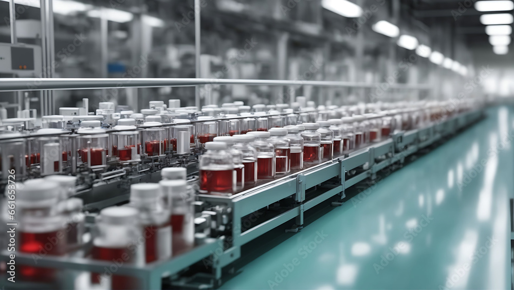 Naklejka premium Pharmaceutical production operations, focusing on medical vials or pharmaceutical bottles that are manufactured in the factory.