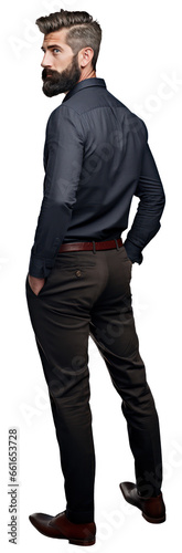 Isolated walking handsome young man wearing dark khaki chino trousers and a dark blue shirt, cutout on transparent background, ready for architectural visualisation. photo