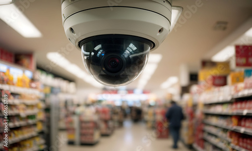 security camera mounted on the ceiling, actively surveilling an aisle in a convenience store, emphasizing the importance of safety and security  photo