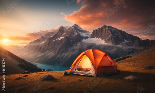 camping tent high in the mountains at sunset, creating a sense of peace, tranquility, and the beauty of nature in the twilight hours. © yahya