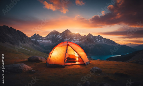 camping tent high in the mountains at sunset, creating a sense of peace, tranquility, and the beauty of nature in the twilight hours.