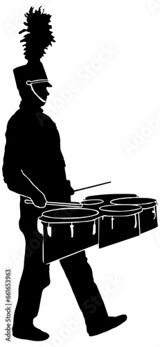 Marching Band drummer playing multi tenor marching drums, in black silhouette, isolated  photo