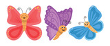 Three cartoon bright butterflies. Lilac, pink and blue butterflies. Flat vector design of butterflies.