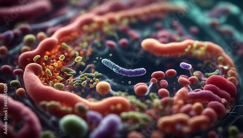Abstract, the concepts of probiotics, bacteria, and their role in promoting digestive health and harnessing the body's immune system to fight diseases like cancer more effectively. Viruses and infecti photo