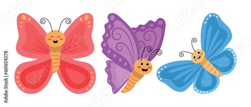 Three cartoon bright butterflies. Lilac, pink and blue butterflies. Flat vector design of butterflies. © Katerina