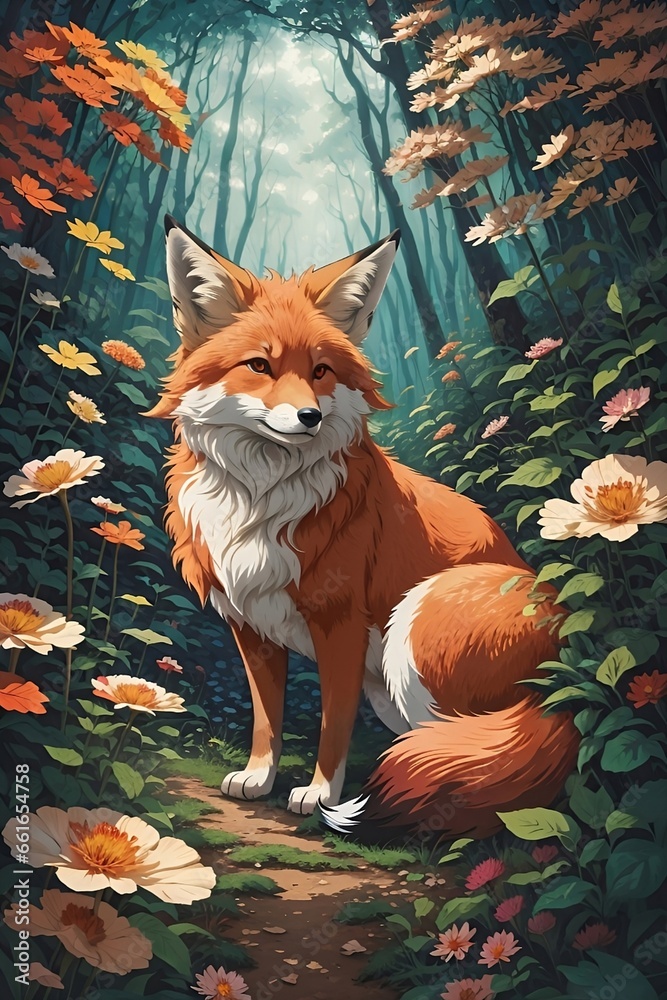 Fototapeta premium dibujo de un zorro rodeado de flores