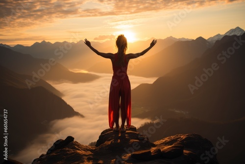 A captivating view of a person practicing yoga on a serene mountaintop, with the rising sun casting a warm glow, embodying the serenity and connection to nature in outdoor fitness activities