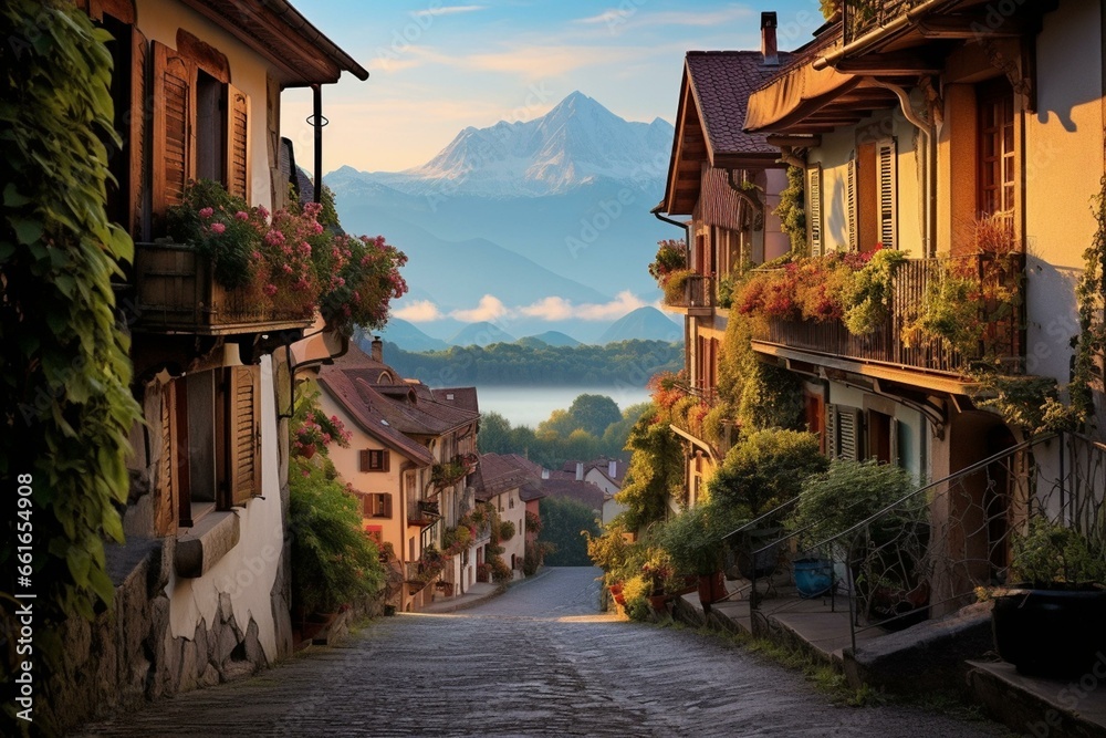 A scenic street in Pau, France with a beautiful view of the Pyrenees mountains. Generative AI