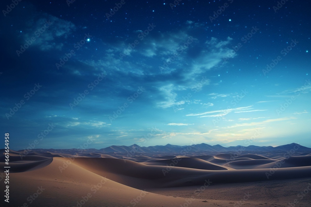 Majestic sand dunes with surreal desert scenery under a starry night sky. Generative AI - obrazy, fototapety, plakaty 