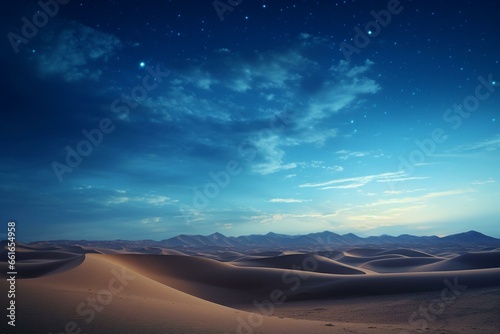 Majestic sand dunes with surreal desert scenery under a starry night sky. Generative AI