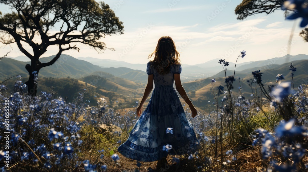 Blonde woman amidst vibrant flowers under a blue sky, capturing nature's beauty and ethereal elegance.