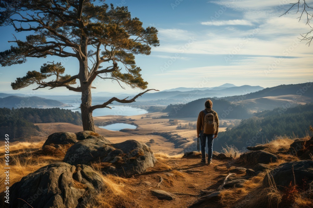 custom made wallpaper toronto digitalA serene scene of a lone bird-watcher observing a rare species perched on a scenic hillside, illustrating the patience and joy of outdoor bird-watching.