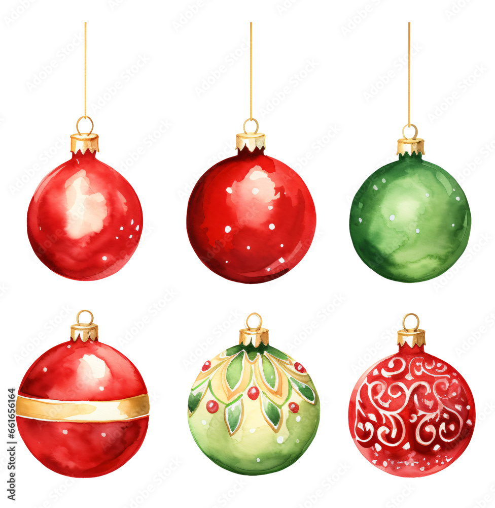 Set of christmas, red, blue, green, baubles for christmas tree in watercolor style on transparent background. PNG 