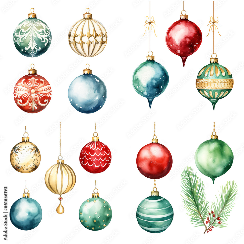 Set of christmas, red, blue, green, baubles for christmas tree in watercolor style on transparent background. PNG Set of christmas, red, blue, green, baubles for christmas tree in watercolor style on transparent background. PNG