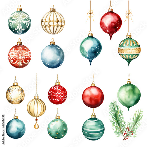 Set of christmas, red, blue, green, baubles for christmas tree in watercolor style on transparent background. PNG 