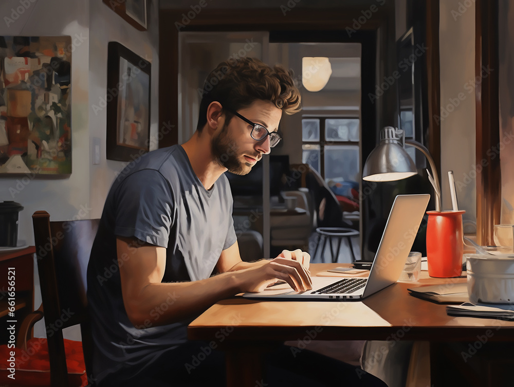 a young man works at a computer in the evening at home with dim lights against the backdrop of a dark window. Remote work from home