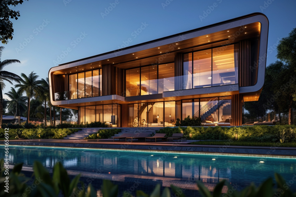 Obraz premium New modern house. new construction. Creative structure. Future architechture. Strict contours mixed with wraparound surfaces. Minimalism and pinkness. Richness and glamour.