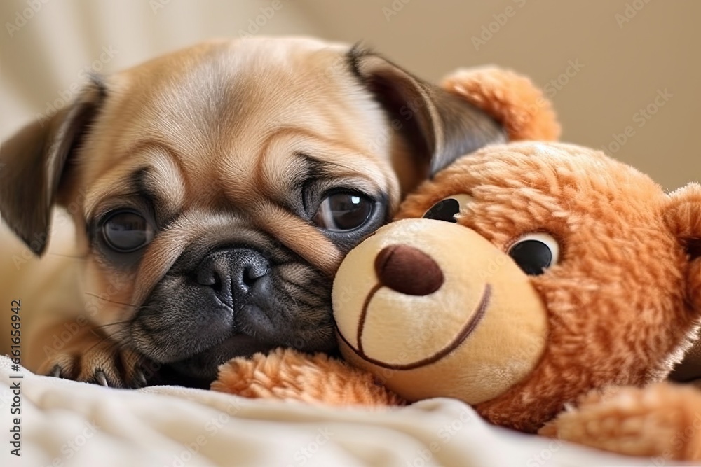 Adorable Pug Snuggling with Soft Toy - Cute Pug Picture, generative AI Adorable Pug Snuggling with Soft Toy - Cute Pug Picture, generative AI