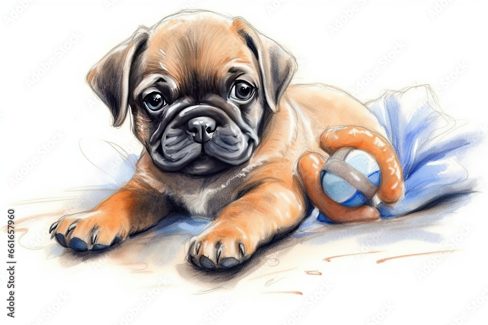 Obraz premium Pug Drawings: Cute Sketch of a Pug with its Favorite Toy - Adorable Pug Art, generative AI