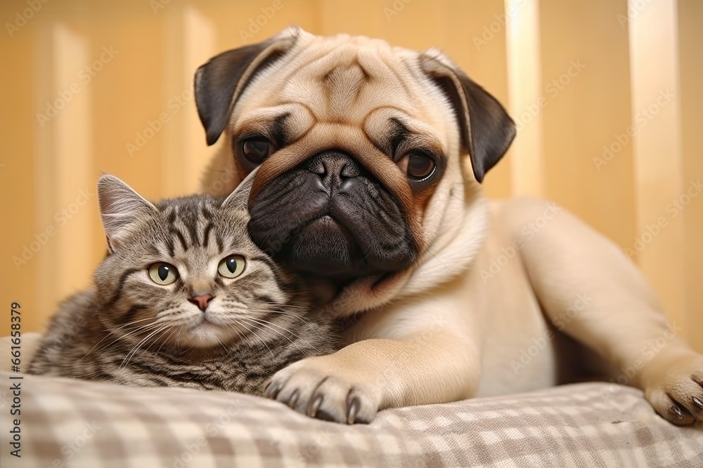 Adorable Pug and Kitten Love: Captivating Images Showcasing the Heartwarming Bond Between a Pug and a Kitten, generative AI