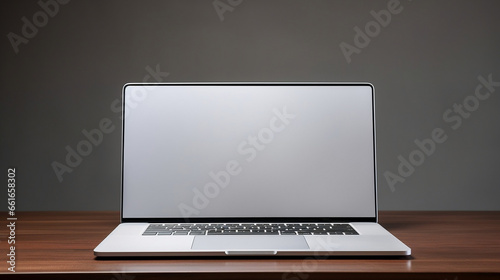 Laptop Mockup with White Paper Screen on Wooden Desk, Gray Background- Generative AI