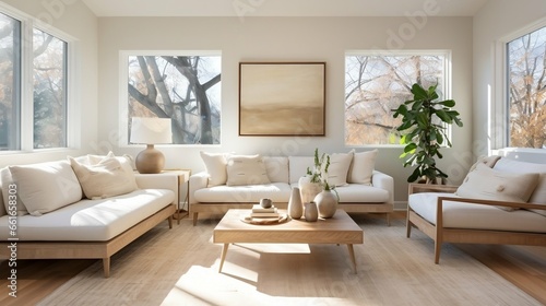 Spotless living room bathed in soft natural light  © Halim Karya Art