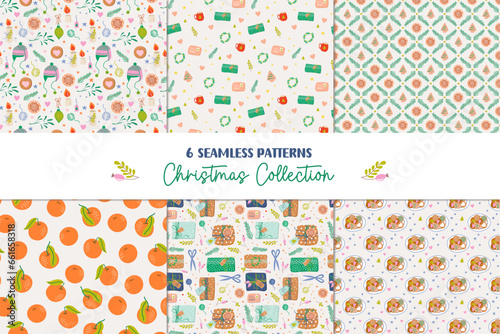 Set of bright Christmas backgrounds. Seamless patterns with Winter holidays symbols, decorations, tangerines, cookies. Naive art holiday prints. Digital paper. Vector illustration.

